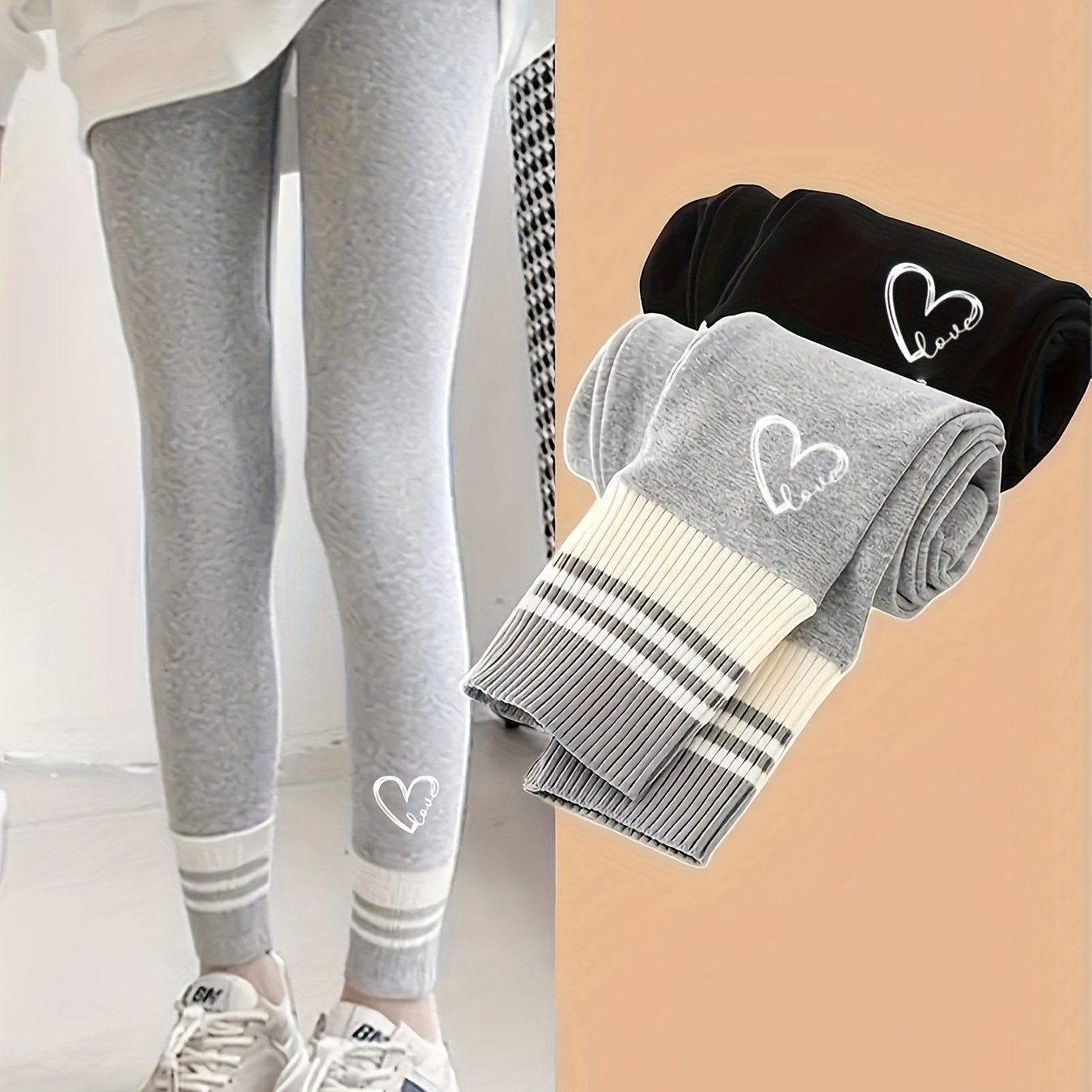 Image of 2-pc Of Girls' High-elastic Leggings For Spring And Autumn, Ribbed Cuffs, Fashionable Heart Print, Suitable For Outdoor Travel Pants
