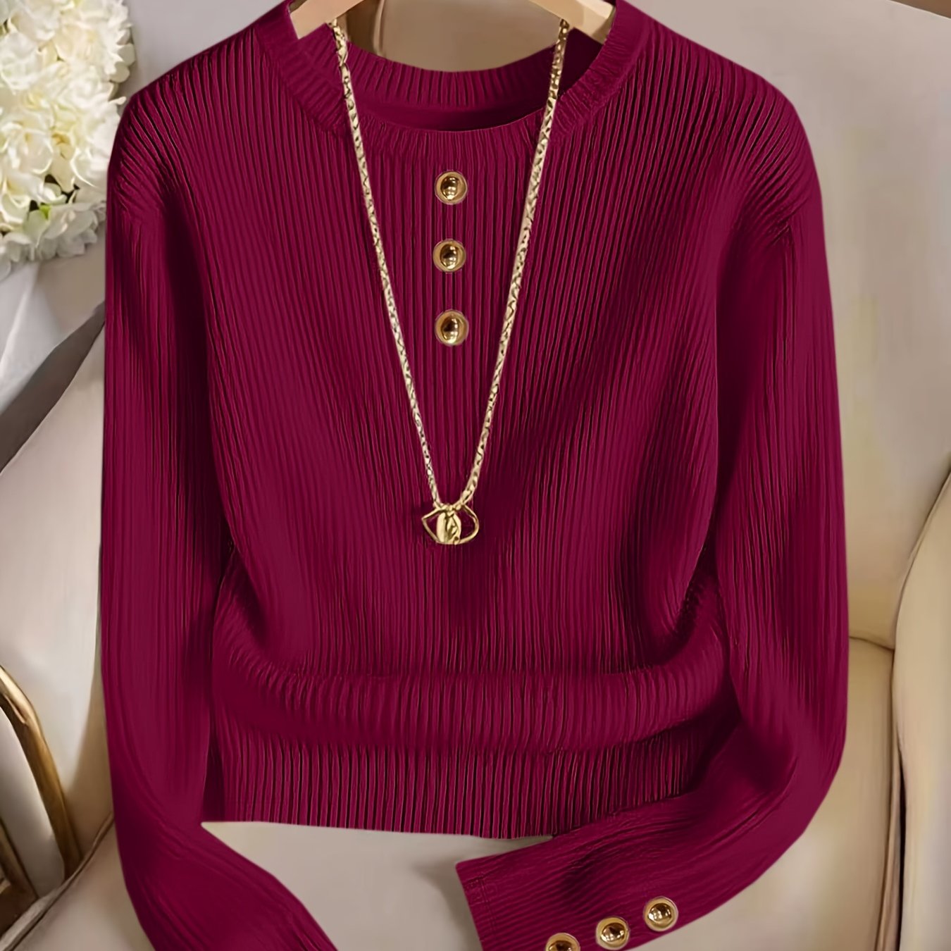 TEMU Plus Size - Plus Size - Plus Size Women's Fashion Ribbed Fabric Solid Color Round Neck Button Long Sleeve Top