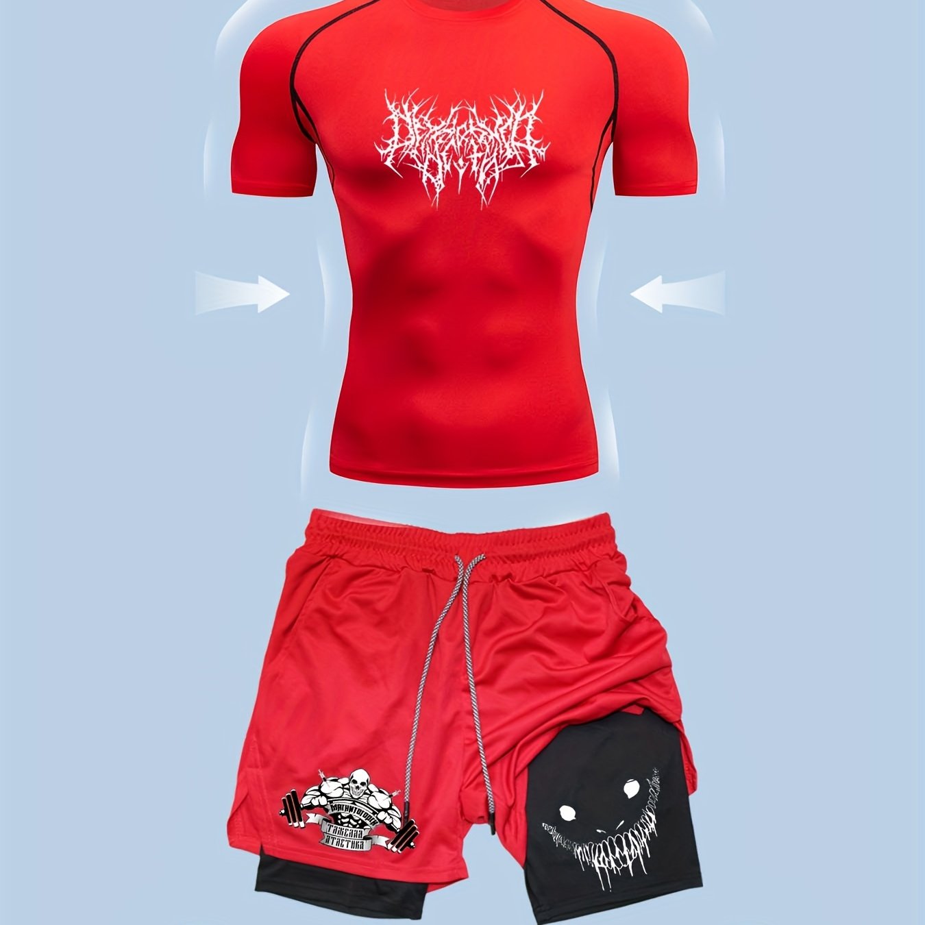E-shop Herren 2-teiliges rotes Kurzarm- und Shorts-Set, Indoor-Outdoor Kurzarm Rundhals Dünne, einfarbige rote Druck Kurzarm Sportliches, eng