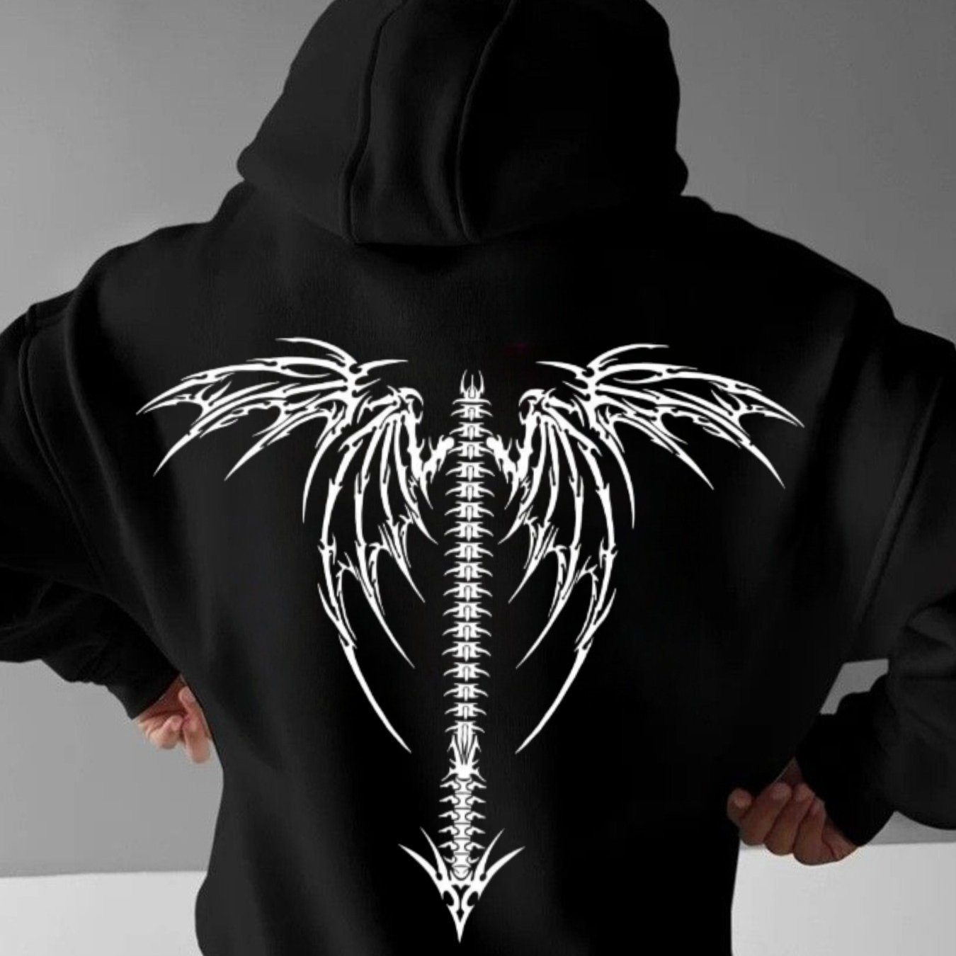 Men's Black Biker Hoodie With Wing And , Casual Loose Fit, Perfect For Autumn/winter , And Ideal Gift Option