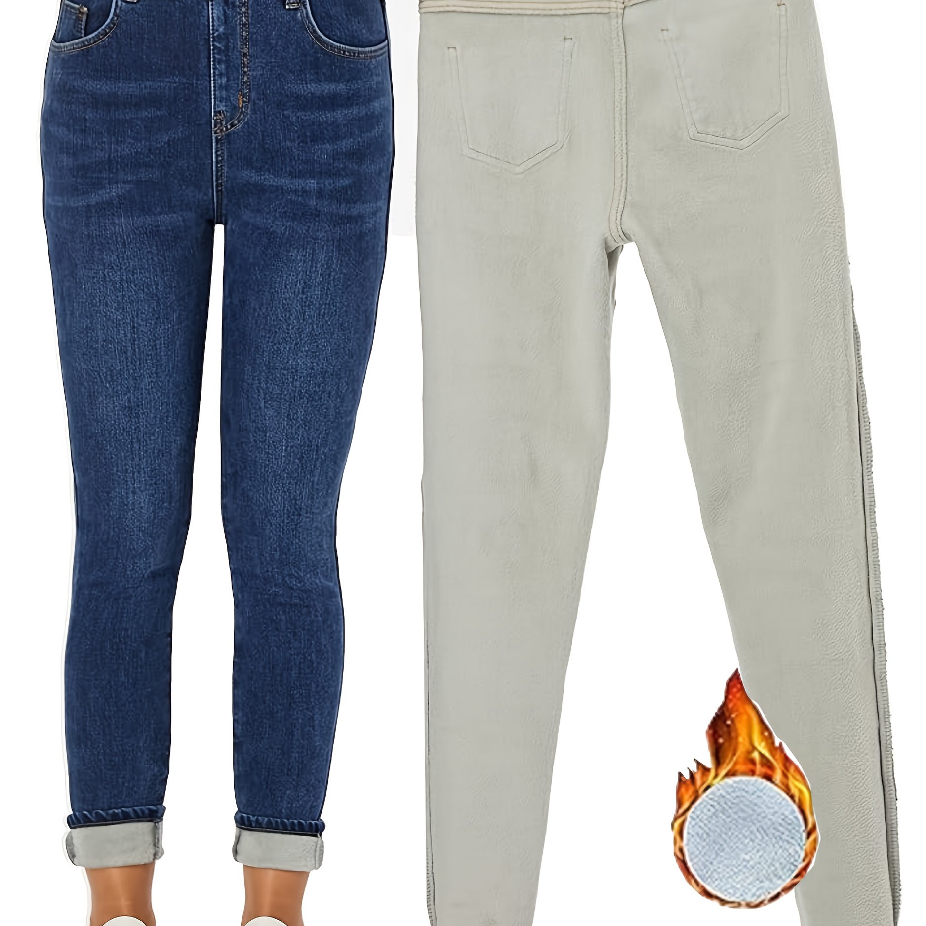 Image of Elastic Waistband Fleece-lined Casual Skinny Jeans, Skinny Fleece-lined Jeans, Soft And Elastic Fleece-lined Women's Jeans, Winter Slim-fit Warm Jeans 2025 Autumn And Winter