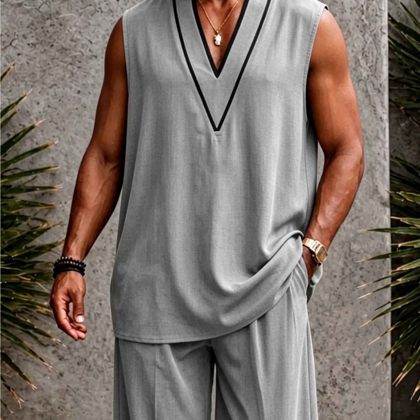 Men's 2pcs Sleeveless Set With Contrasting Black Trim, Deep V-neck Tank Top, Loose Wide-leg Pants, Summer Beach Casual Outfit