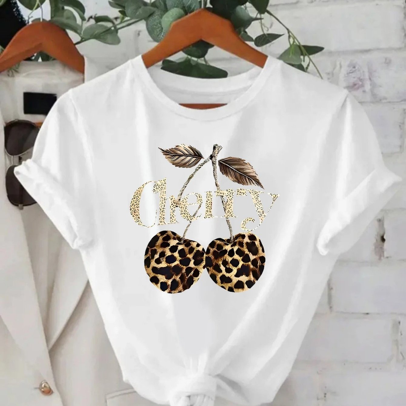 TEMU Men's Retro Cherry Leopard Print T-shirt - 100% Cotton Breathable Short Sleeve Round Neck Top For Casual Summer Parties & Daily Wear, Female T