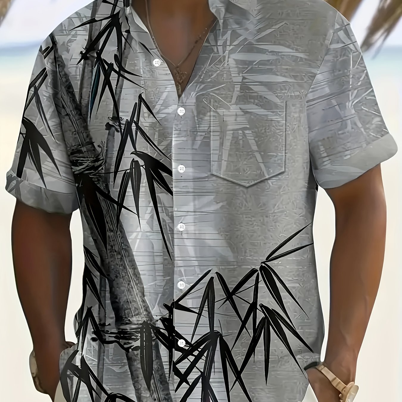 TEMU Men's Tropical Bamboo Rayon Print Short Sleeve Shirt - Casual Summer Button-up With Chest Pocket, Breathable Polyester