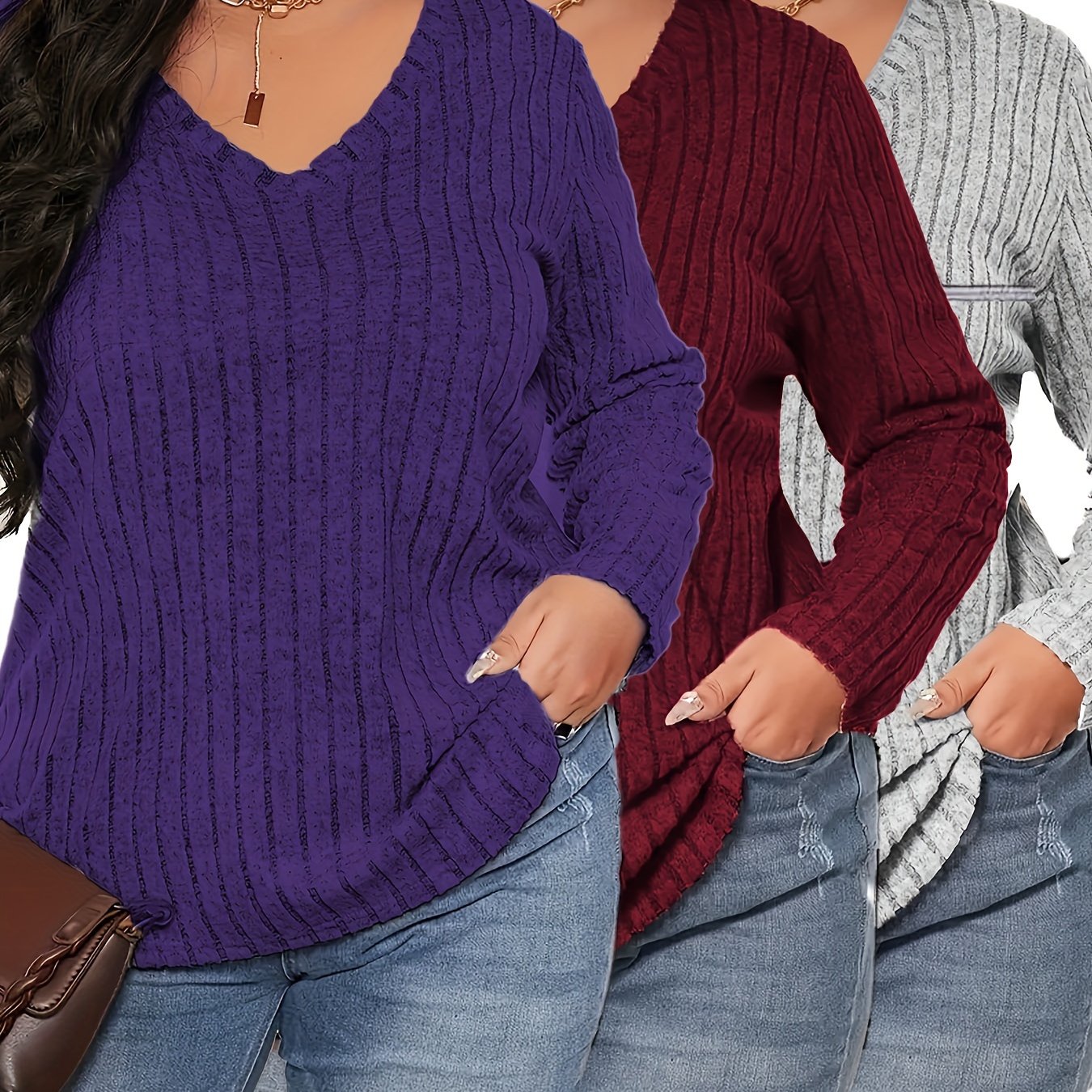 Plus Size - Plus Size - Set Of 3: Red, Gray, And Purple Solid Color V-neck Tops, Featuring Plush Striped Long Sleeves For Casual Wear In Autumn And Winter, Designed For Plus-size Women