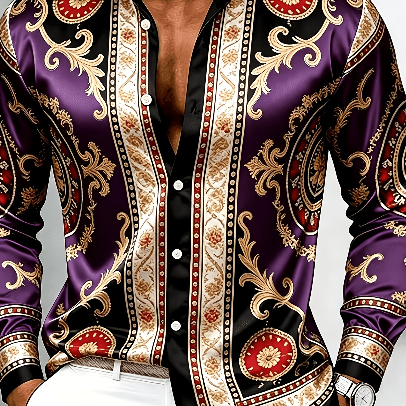 TEMU Men's Long Sleeve Shirt, Vintage Baroque Print In Peach Color, For Casual Parties And Office Wear, Button-up Top