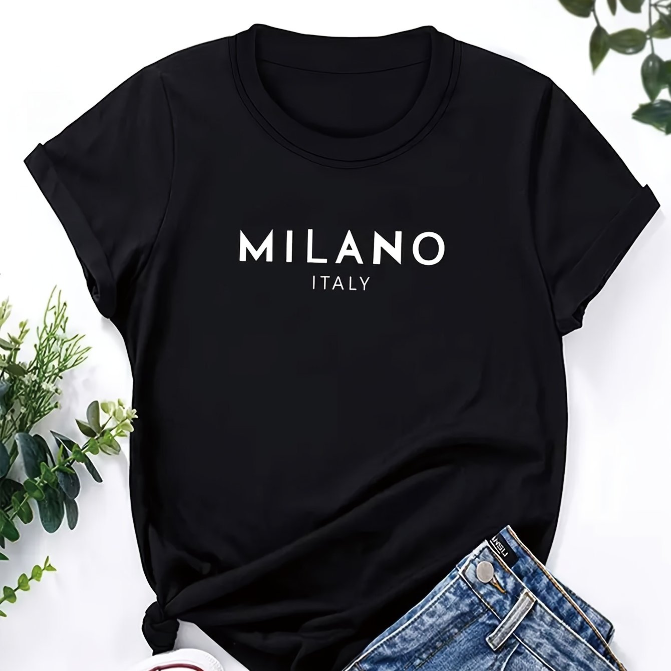 TEMU 1pc Women's Casual Round Neck T-shirt Fabric Short Sleeve Summer Top With Italian Letter Print Suitable For Regular Length