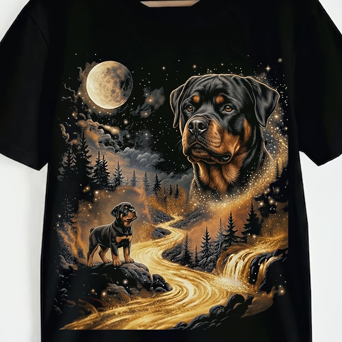 TEMU Rottweiler At The Moon Retro Animal 90s Vintage Apparel Streetwear Top Outdoor Gift For Dog Lovers Boyfriend Men Men's T-shirt 180g Crewneck