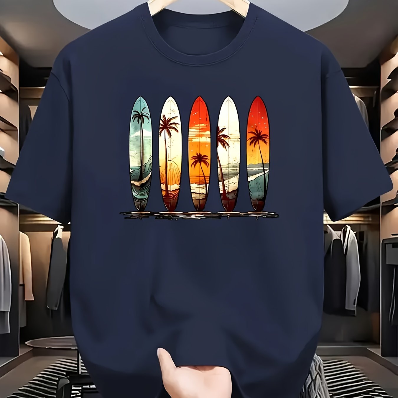 TEMU T-shirt Rétro Surf avec Planche de Surf 5 Panneaux & Scènes de Plage - Impression avec Palmiers Hawaïens, Manches Courtes, Chemise Décontractée