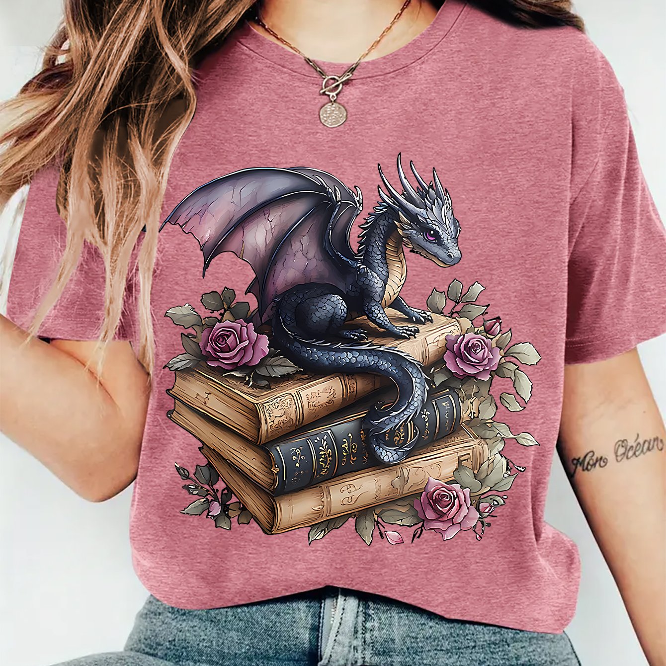 TEMU Women's Summer Clothing, Magic Book And Dragon Print Round Neck Short Sleeve T-shirt, Vintage Fantasy Style, Fashionable Commuting, Vacation,
