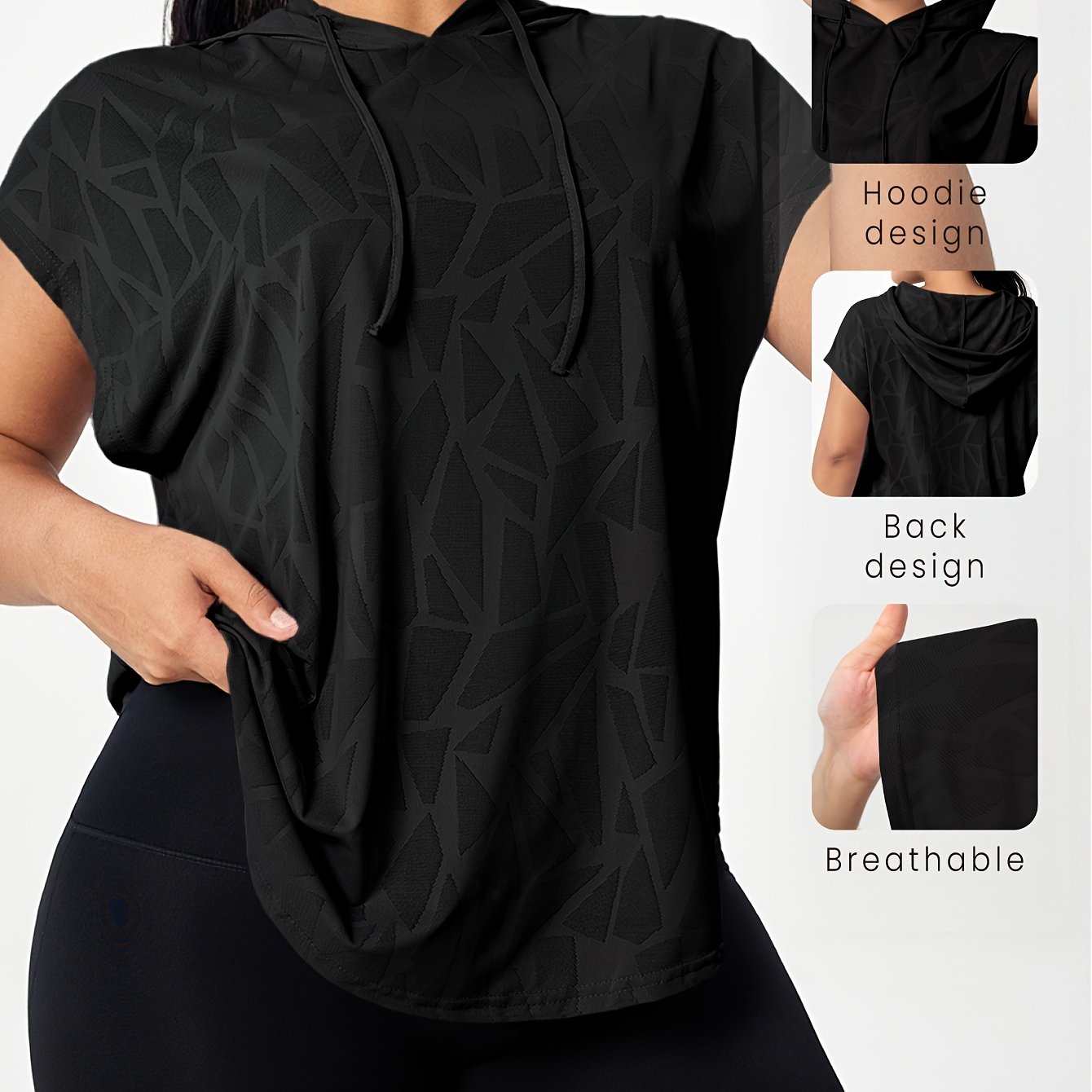 TEMU Camiseta de Mujer Talla Grande, Tejido Jacquard Texturizado, con Capucha, Cordón Ajustable, , Corte Holgado, Yoga Casual, Moda, , Exterior,