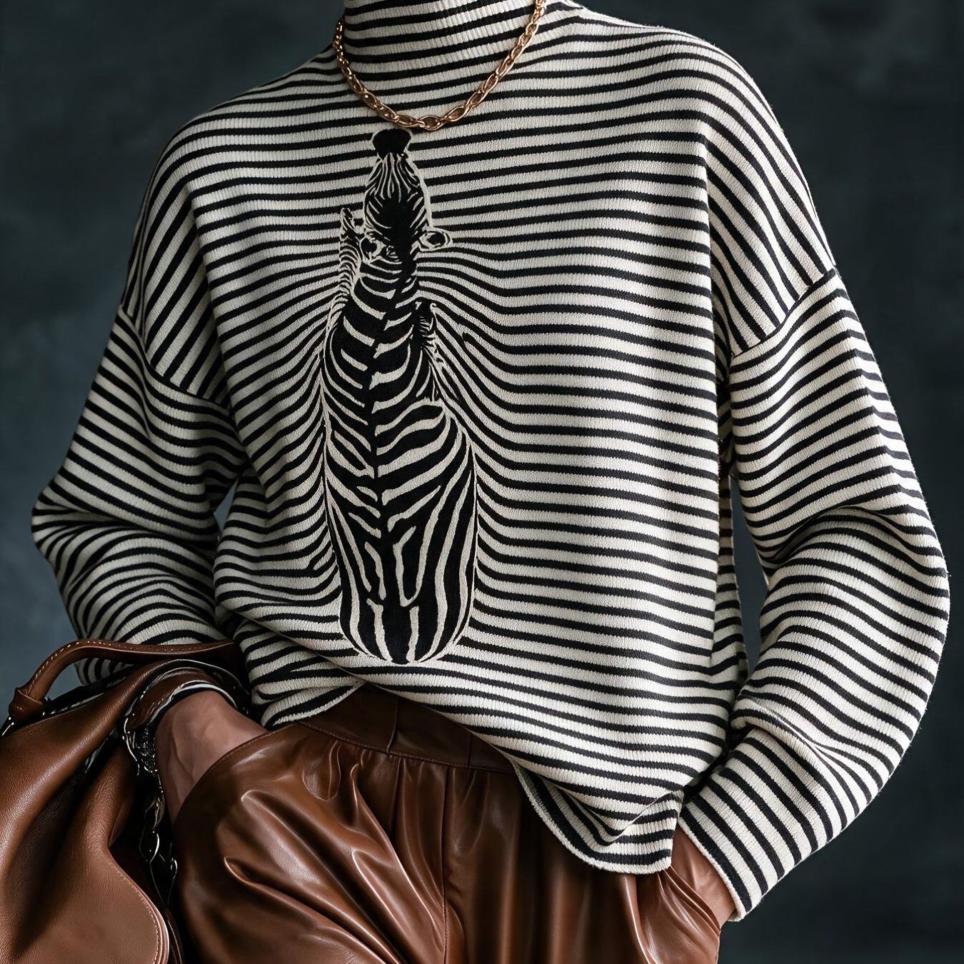 TEMU Plus Size, Women's Plus Size Zebra Print Sweater - Elegant High Neck Pullover With Full-zebra Stripe , Cozy Winter Sweater Suitable For