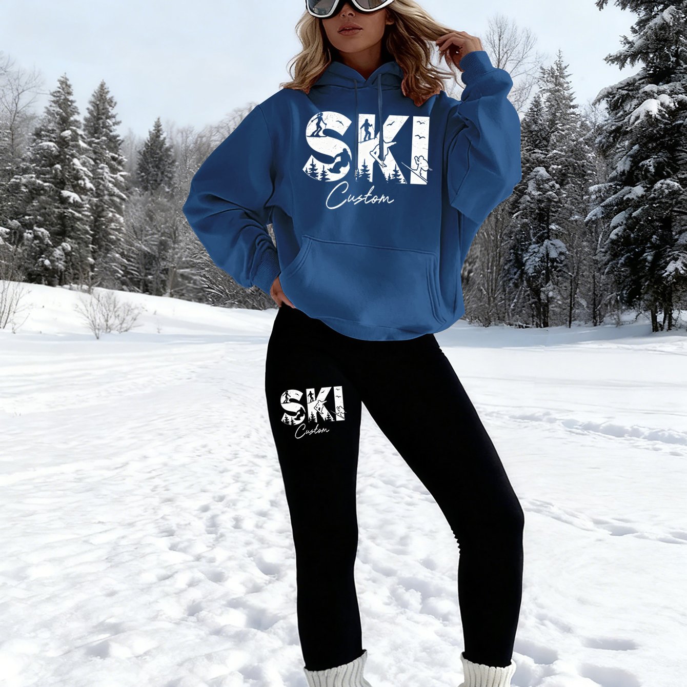 TEMU Winter Forest Print Women's -lined Thick Hoodie & Ski Pants Set, Casual Versatile Basic Pocket Hoodie & Tight-fitting Trousers Two-piece Set,