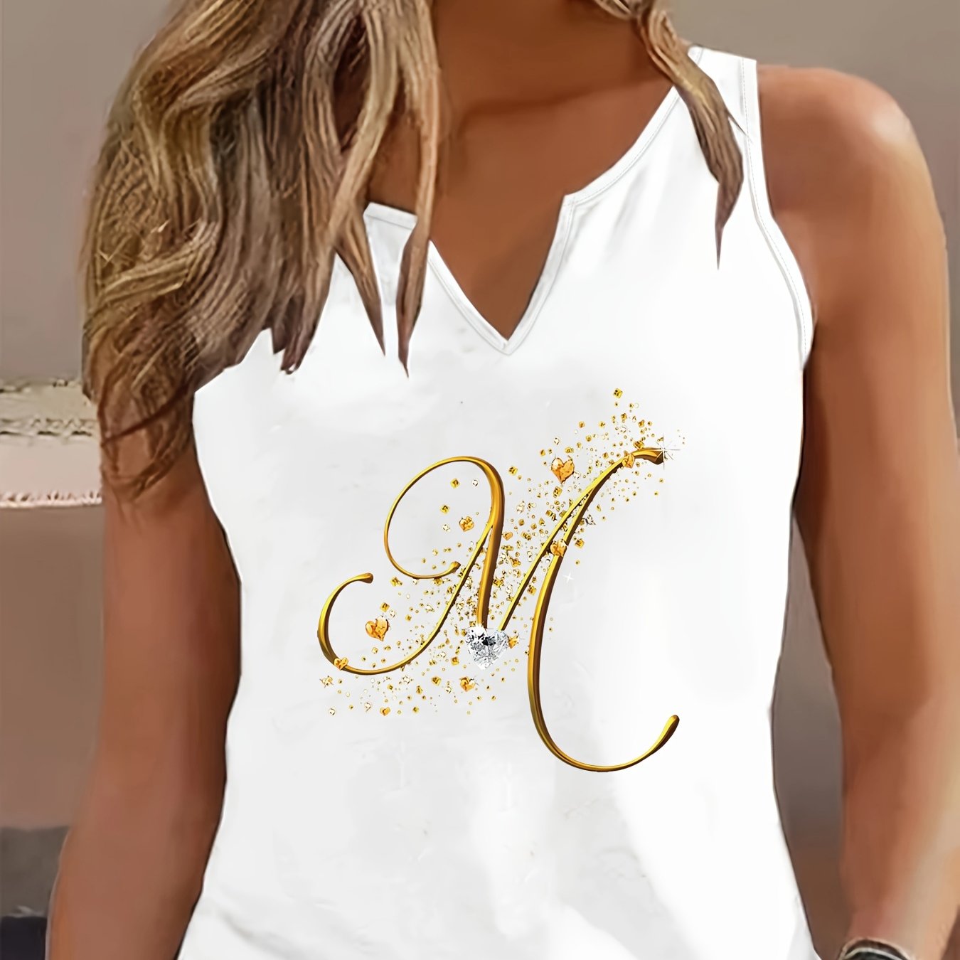 TEMU Plus Size, Plus Size Letter Print Tank Top, Sleeveless V Neck Casual Top For Summer & Spring, Women's Plus Size Clothing