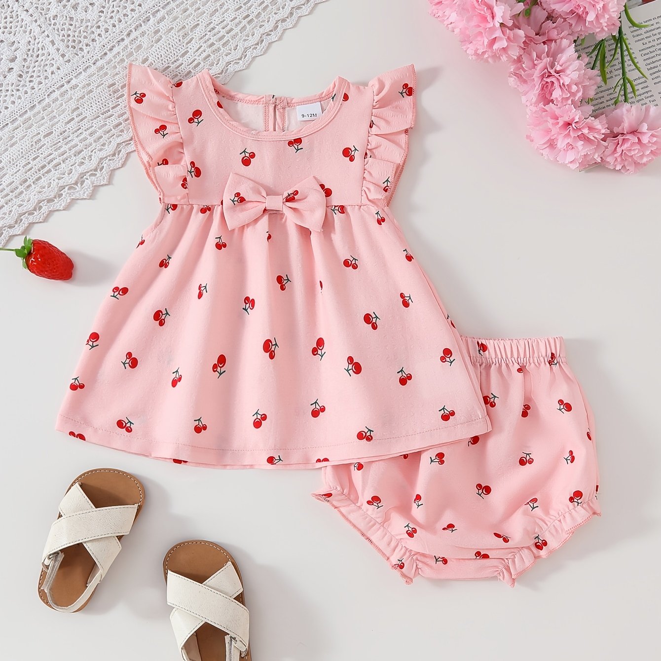 Cute Cherry Print Loose Style Outfit With Bow And Scalloped Trim For Baby Girls, Summer Clothes Suitable For Outdoor And Outdoor Wear, Gift For Events