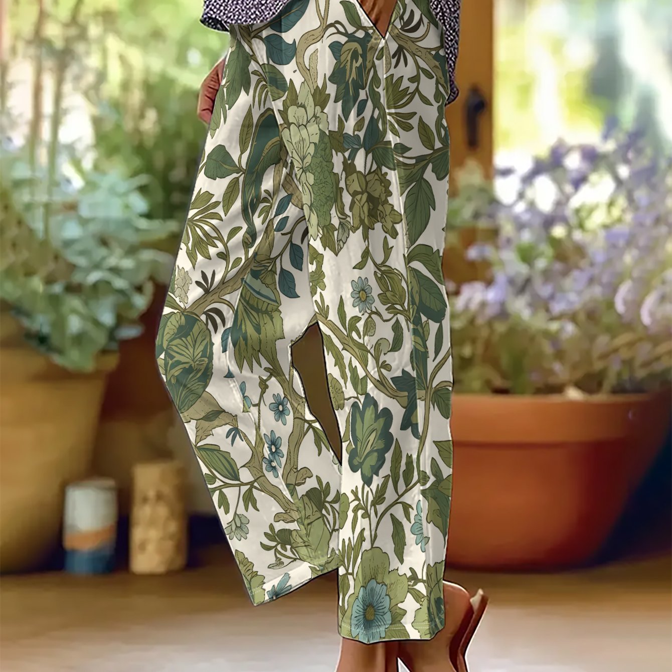 TEMU Women's Casual Pants With Vintage Green Plant Floral Vine Pattern, Natural And Elegant Design, Featuring A Drawstring