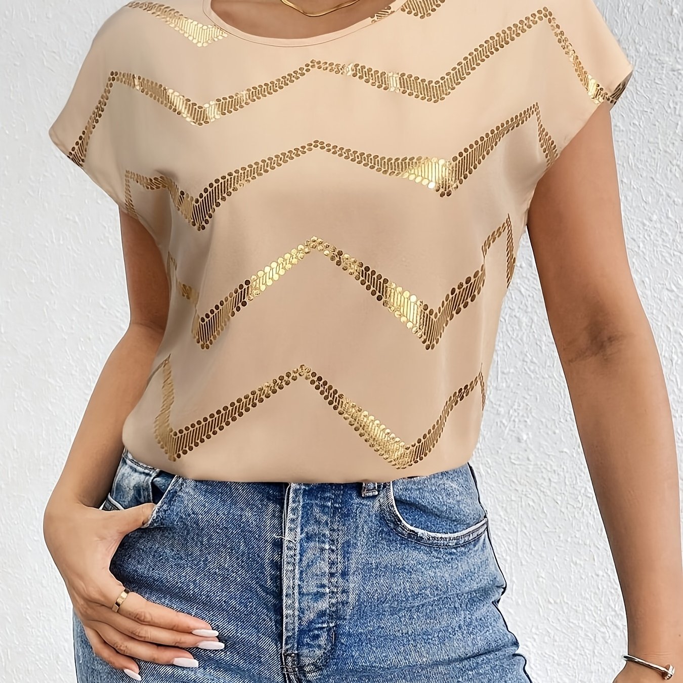 E-shop Damen Elegantes Kurzarm-Flatterärmel-Shirt – Lockere Bluse, Rundhals Kurzarm Tunika für Büro, Hochzeitsgast & Partykleidung – Maschinenwaschbar,