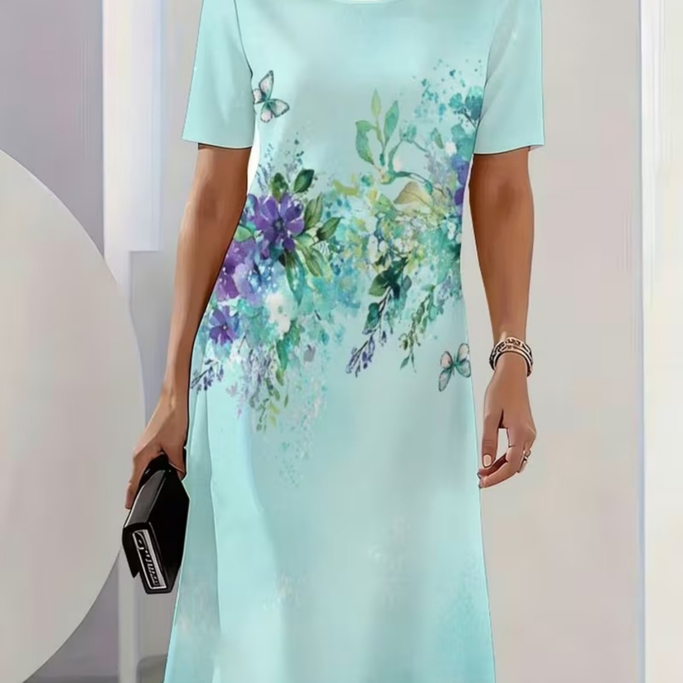 Plus Size, Ladies' Elegant Short-sleeved Dress, Suitable For Parties, Commutes And Offices