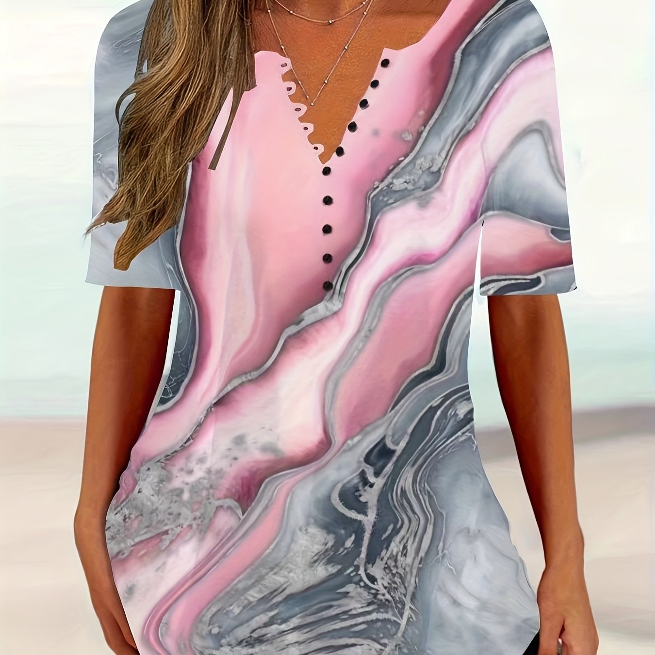 Plus Size, Plus-size Casual Top, Women's Plus-size Marble Print Button- Short Sleeve V-neck Top