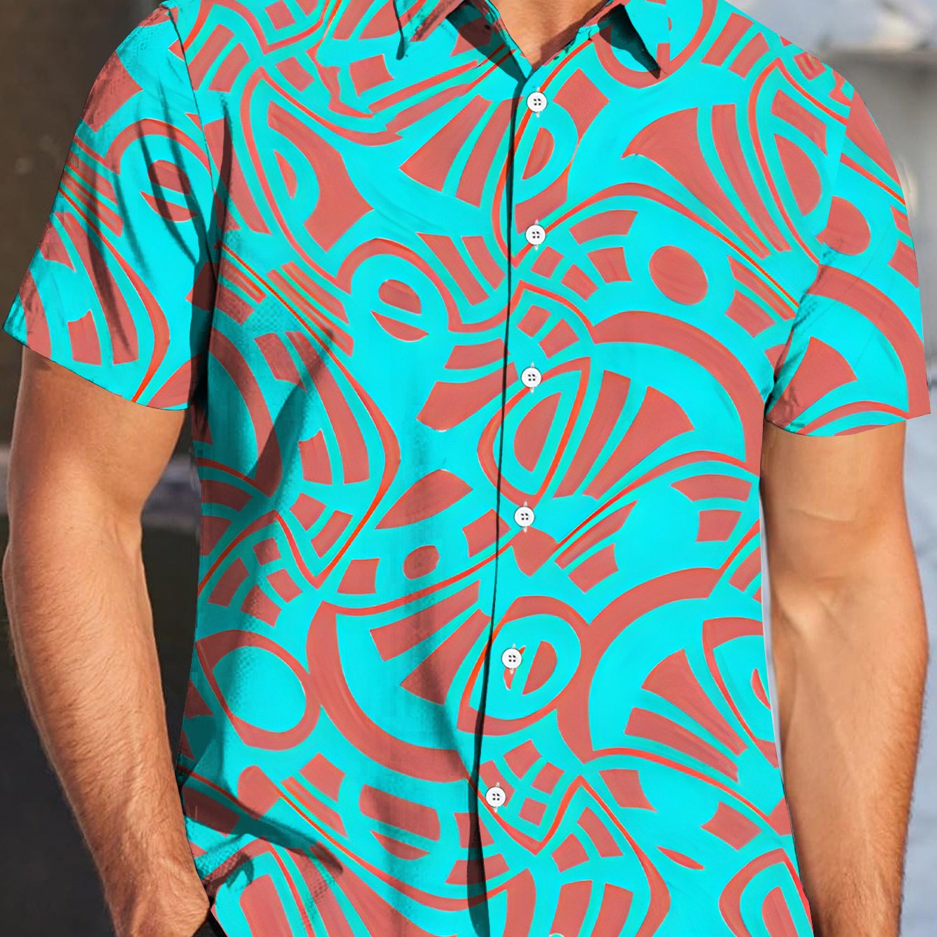TEMU Men's Bohemian Short Sleeve Shirt With Abstract Print - Regular Fit Turquoise & Coral Geometric Pattern For Parties, Weddings, Evening Events -