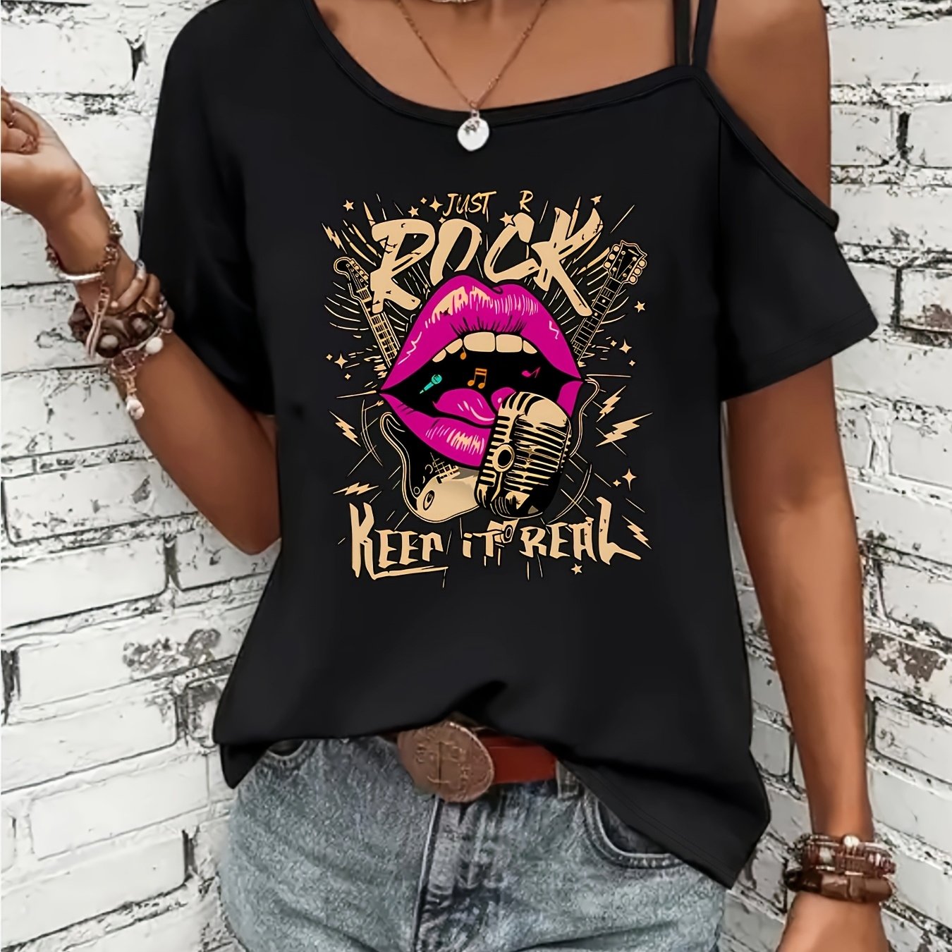 TEMU Fashionable Women's T-shirt With Printed Design, Thin Shoulder Straps, Off-the-shoulder Style, And Short Sleeves. Soft And Comfortable Fabric