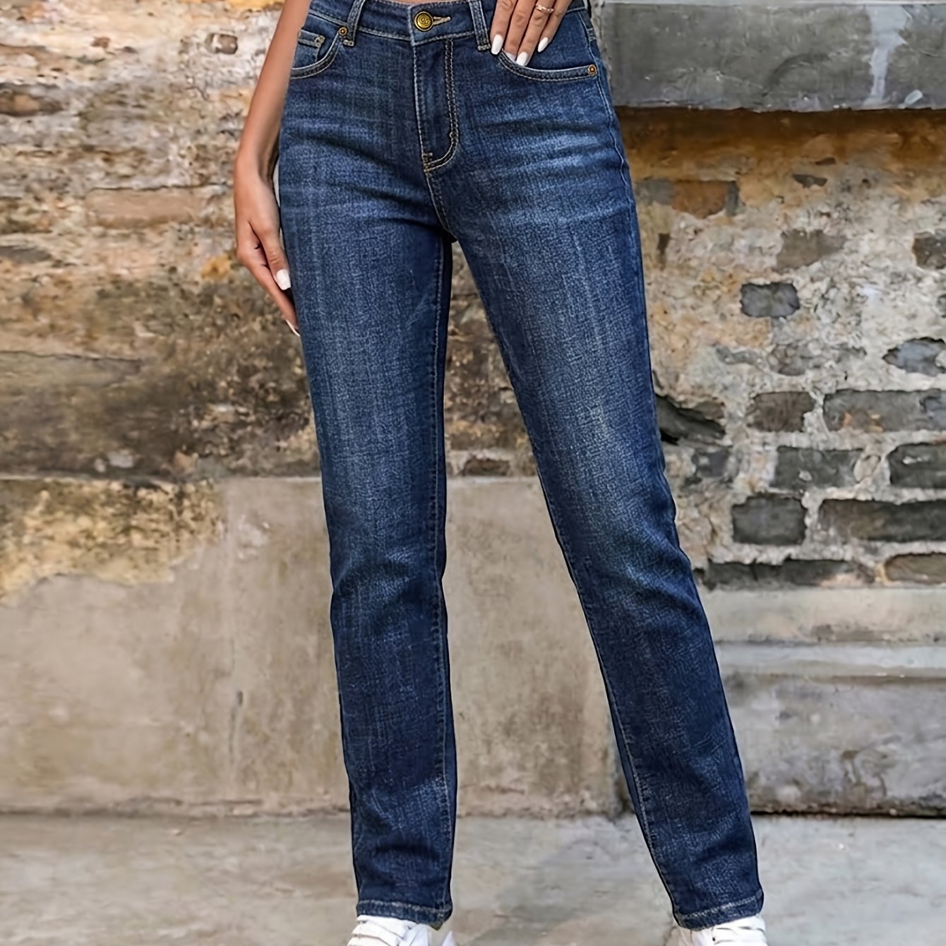 Image of Dark Blue Stretch Straight-leg Jeans For Women, Vintage Style, And Height-enhancing, Figure-hugging, Versatile Casual Denim Pants For Spring And Autumn