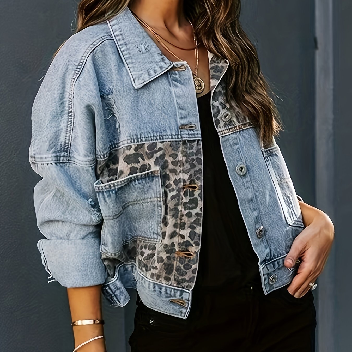 Image of 26aw Women's Non-stretch Leopard Print Ripped Long Sleeve Loose Fit Denim Jacket Streetwear Style