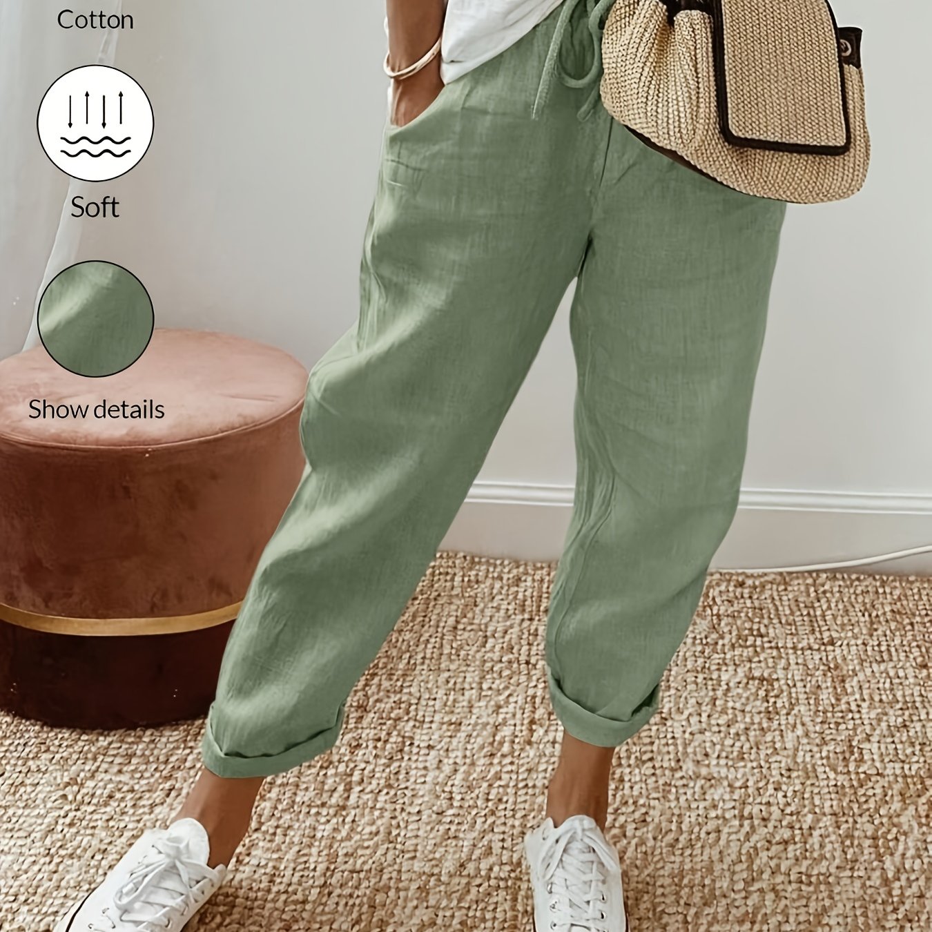Solid Color Front Drawstring Simple Trousers, Casual Casual Attire