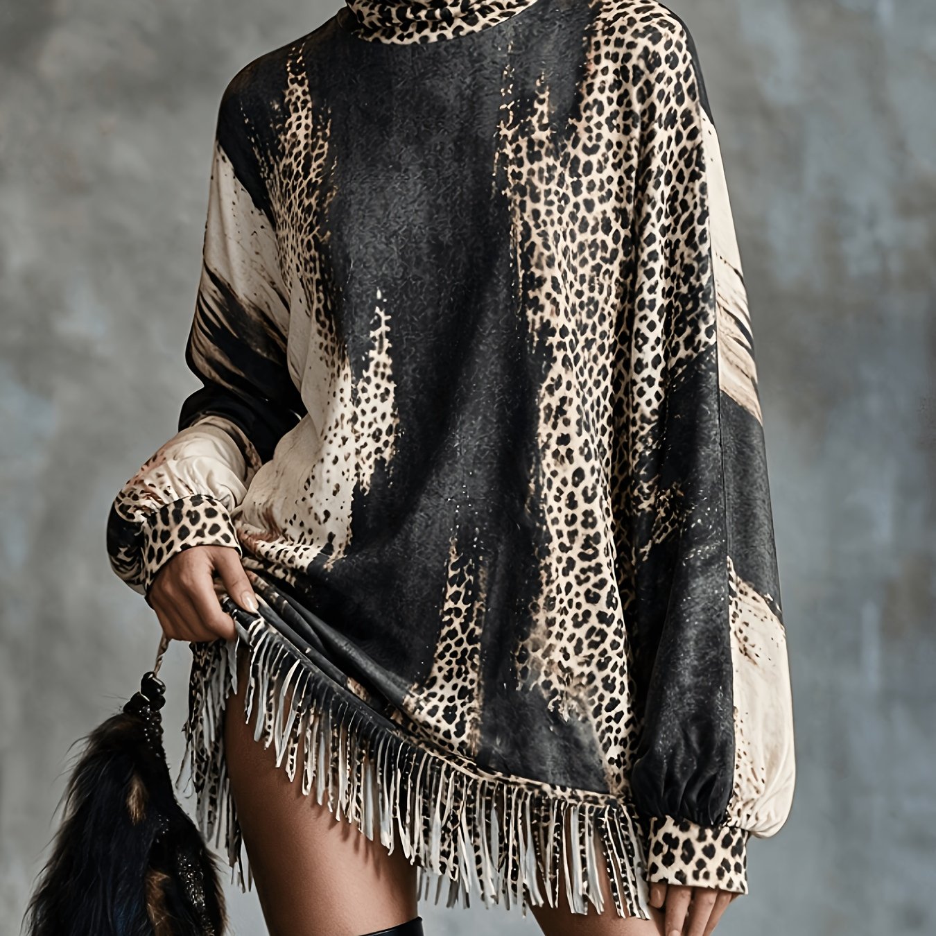 TEMU Robe ample à franges et col montant pour femmes, imprimé léopard