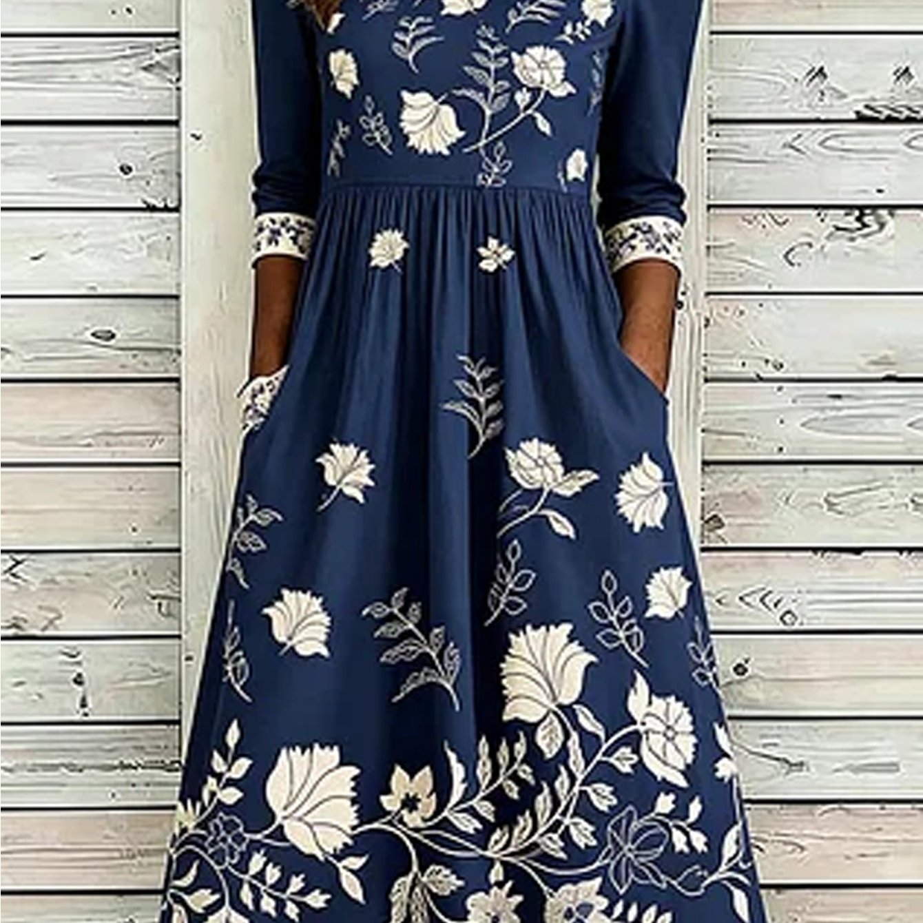 Image of Plus Size - Summer Dress For Women Elegant Vacation Loose Midi Dress Plus Size Lapel Collar 3/4 Sleeve Contrast Floral Pocket Midi Dress Women Weekend Gathering Casual Fit Outfit For European Ladies