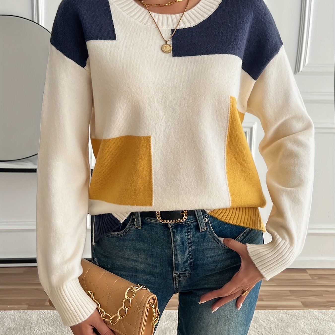 Image of New Stylish Color- Round-neck Warm Casual Sweater For A Relaxed Women's Top