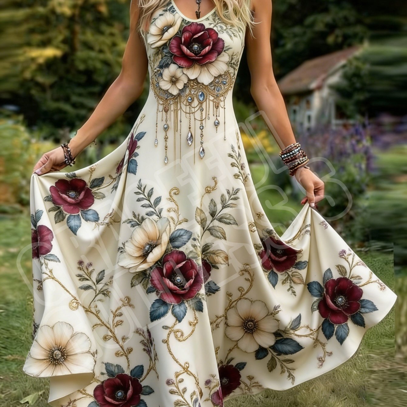 Image of Women's Retro Style Sleeveless Dress With Elegant Floral Print Design, Pastoral V-neck A-line Maxi Skirt. Machine Washable, Perfect For Daily Wear And Vacations