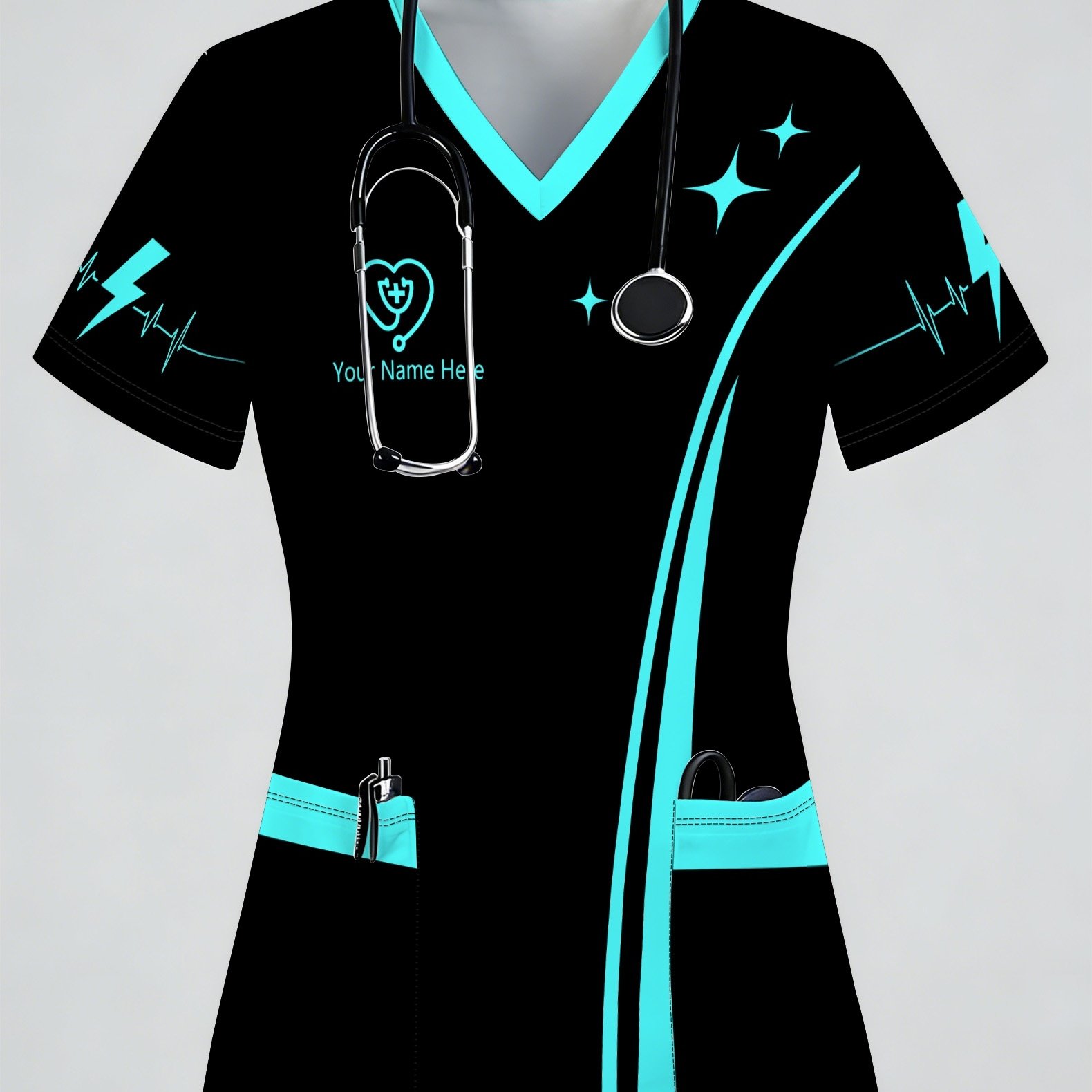 TEMU [Personnalisation] Uniforme d'infirmière avec nom personnalisé, T-shirt de travail imprimé pour femmes, T-shirt à manches courtes confortable et