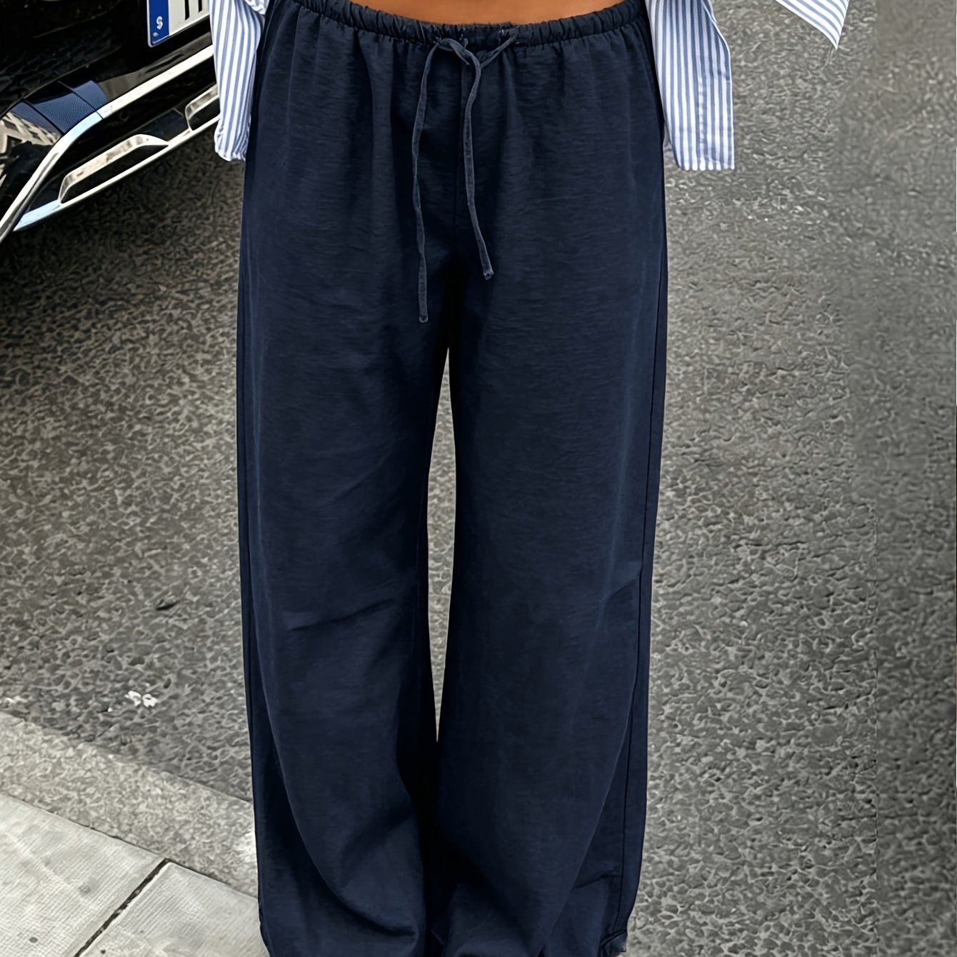TEMU New Solid Color Drawstring Casual Straight-leg Pants, Textured Fabric, Tie-waist Loose Wide-leg, , Home And Out