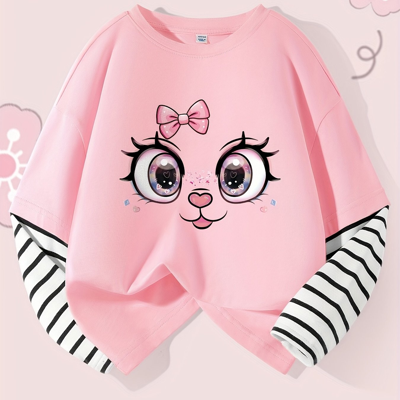 [jeanswest Kids 7-fold] Size Runs Large, Loose ' Two-piece Long Sleeve T-shirt, Cartoon Print, Suitable For Spring And Autumn, Spring Base Layer