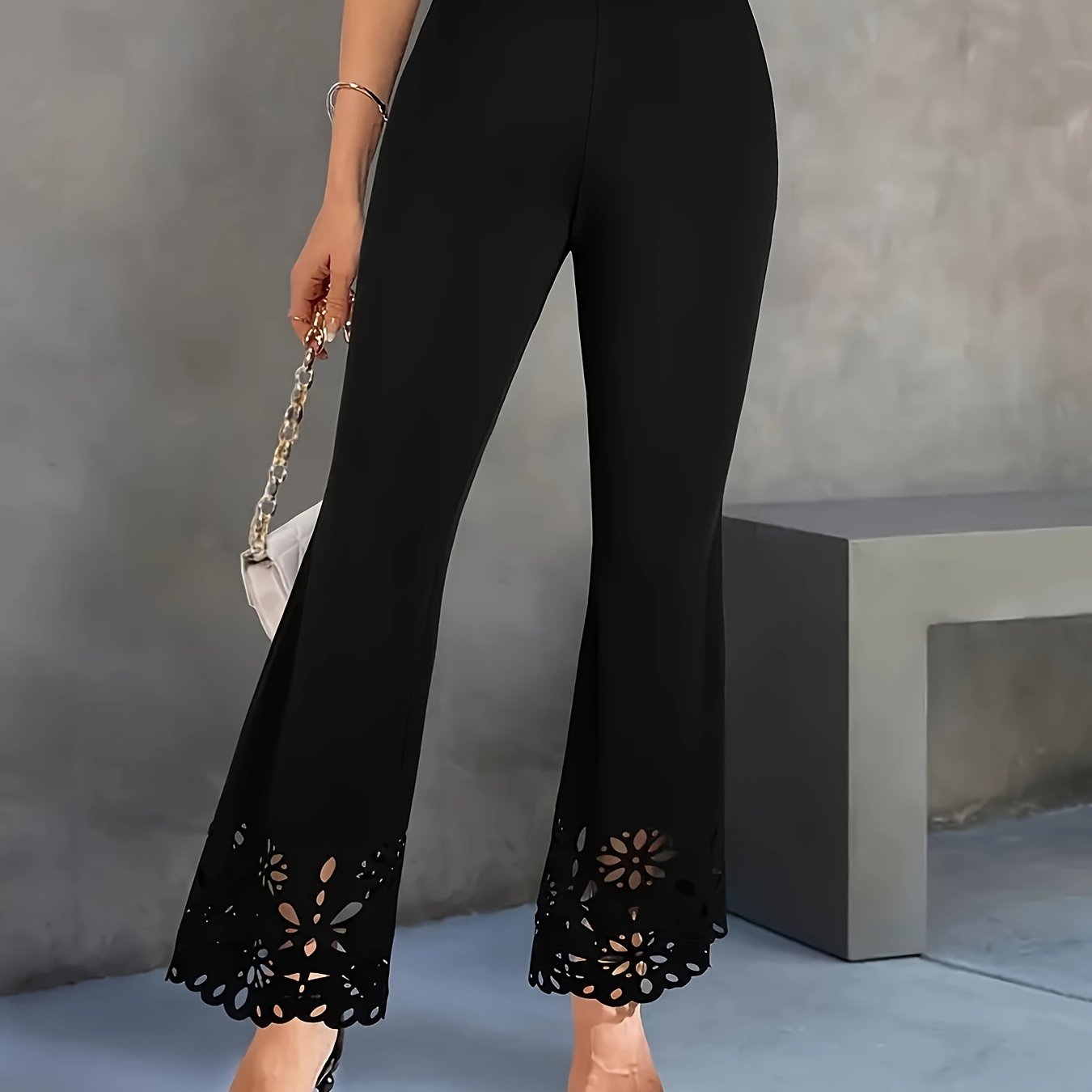 Plus Size, Plus-size Solid Color Hollow-out Trousers