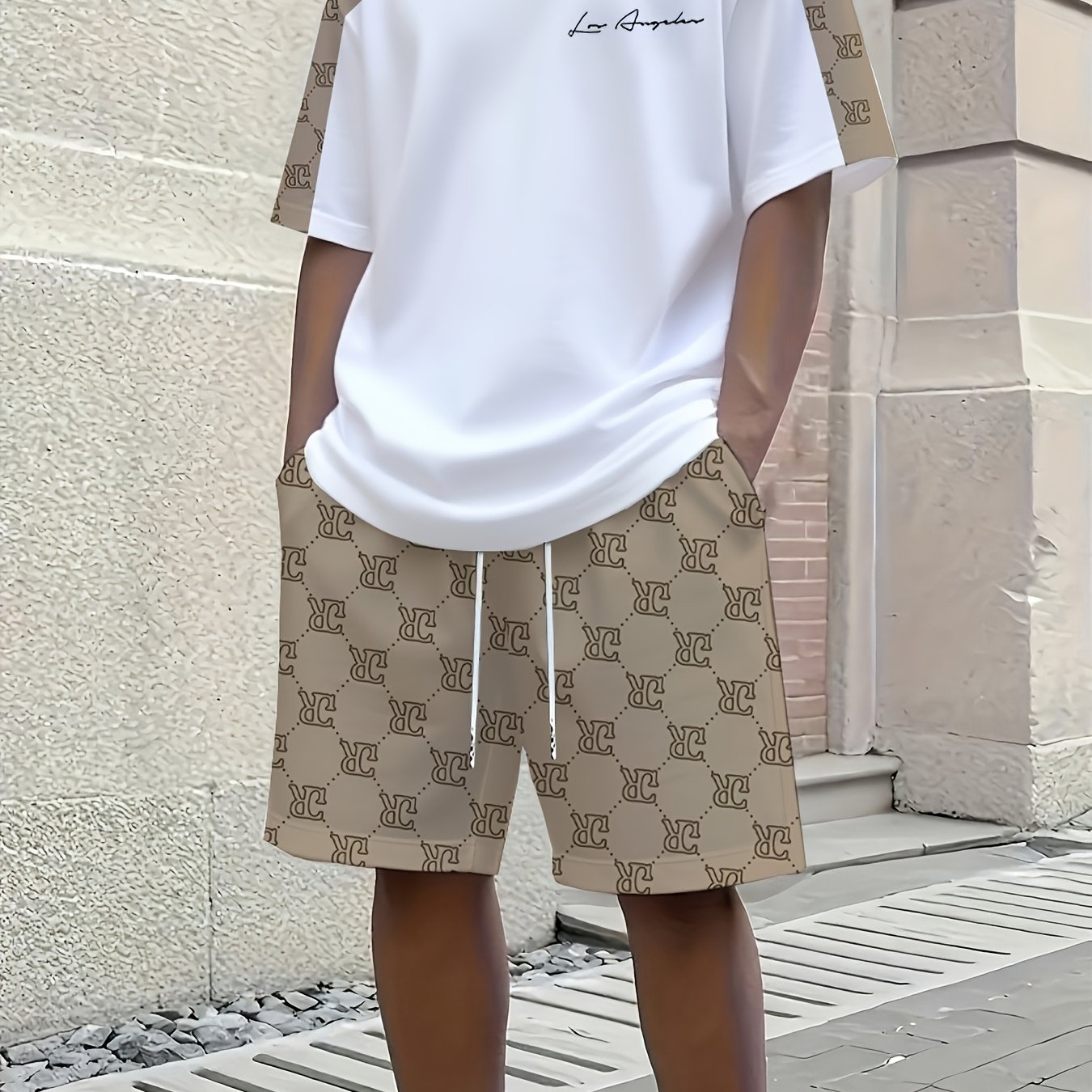 TEMU Men's New Style English Letter Print Short Sleeve And Shorts Set, Breathable Soft Summer T-shirt And Athletic Shorts, Stretch Polyester Knit