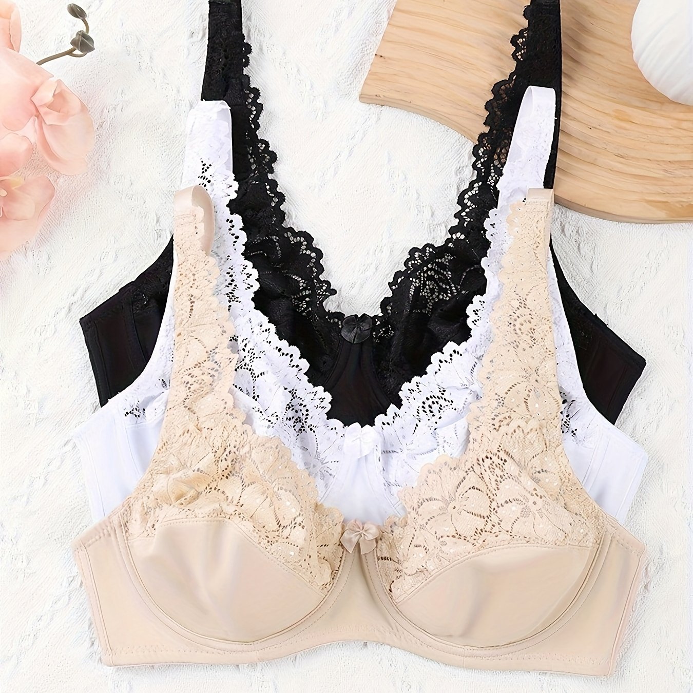 Image of 3pcs Women's Bra Elegant Retro Lace Unpadded Sexy Lingerie Bh Tops Flower Brassiere Underwire Plus Size Bras