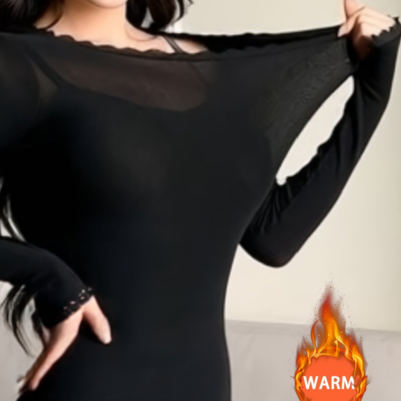 Image of 1pc Women'-thin Seamless Thermal Top - Lace Neckline And Cuffs, Soft, Comfortable, And High-stretch Long-sleeve Top, Suitable For Autumn And Winter, Used As A Base Layer, , And