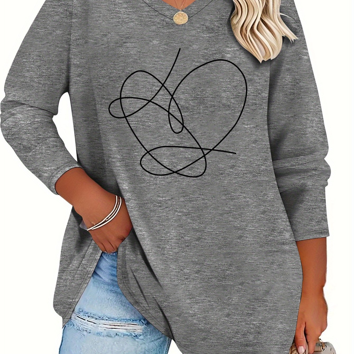 Plus Size - Spring Summer Plus Size Women's Easy Line Heart V-neck Long Sleeve T-shirt, Viscose Fabric - Care Machine Washable, Loose Fit, Suitable For Home Outdoor Travel Wear