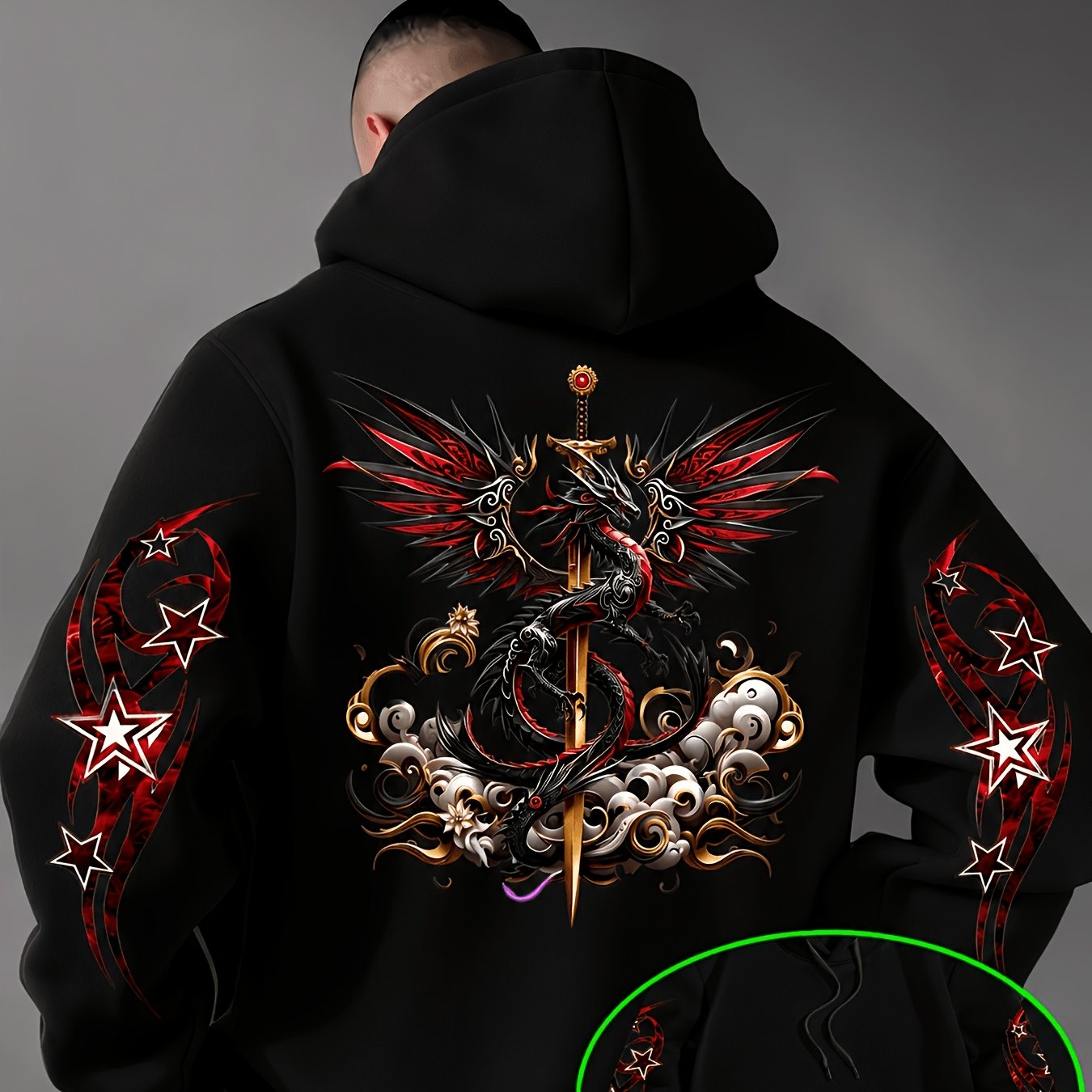TEMU Unlock The Dark And Mysterious Trend Code For Men! The Back Print Combines A Dragon, Sword, Wings, And Vintage Patterns With Star Emblems On