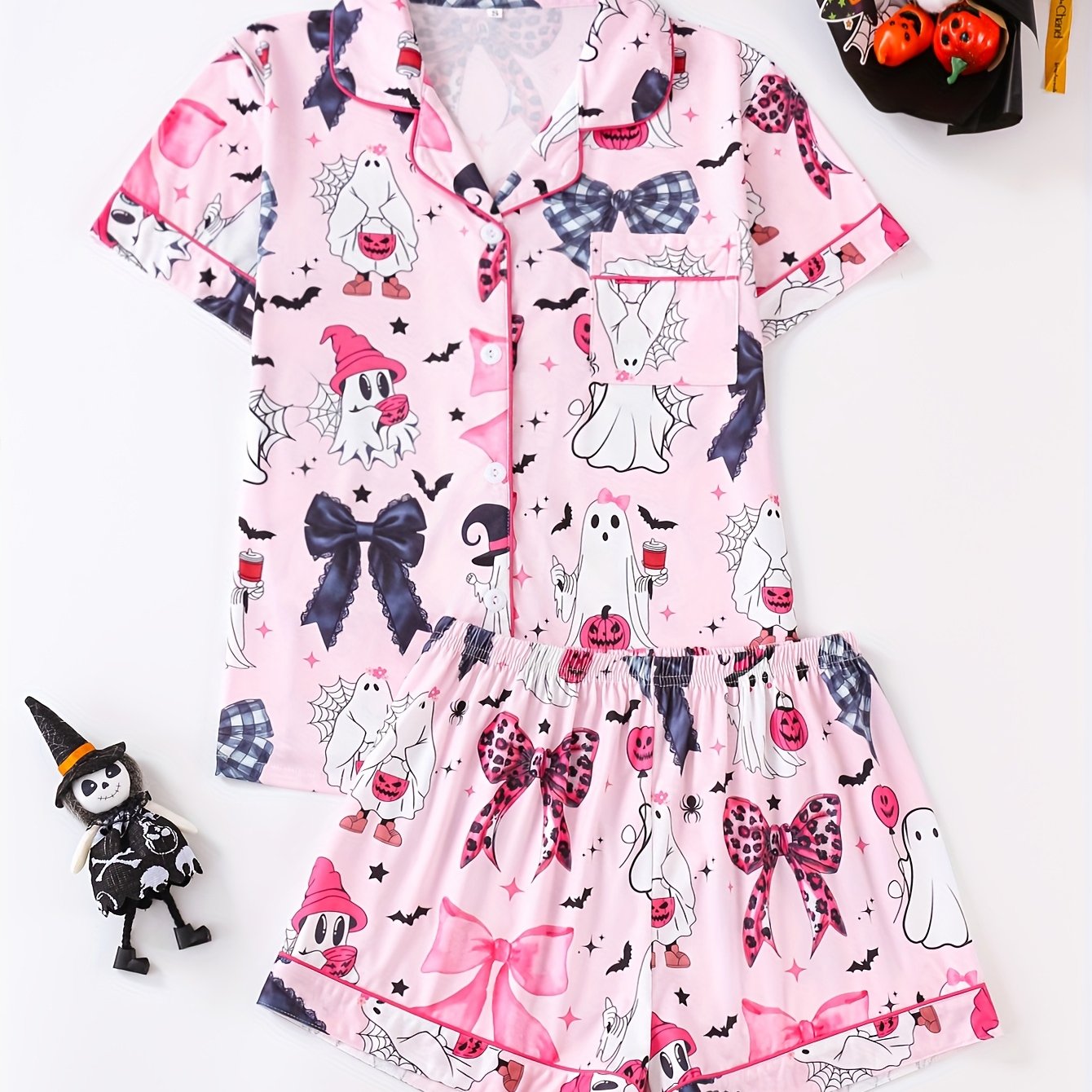 TEMU Two-piece Halloween Cute Bow Pattern Women's Pajamas, Lapel Button Short Sleeve And Loose Comfortable Shorts, Elegant Women's Pajama Set