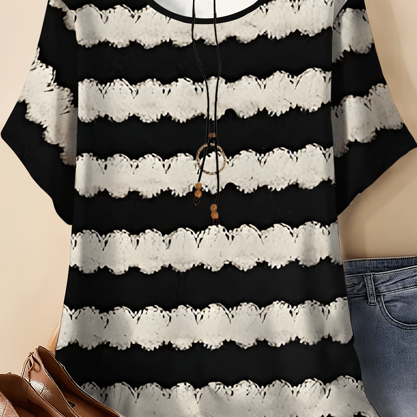 TEMU Women's Black And White Striped Short Sleeve T-shirt, Summer Round Neck Top, Fashionable