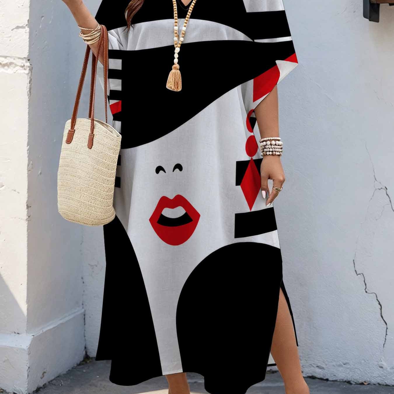 Image of Plus Size, Plus Size Women's 08xl Minimalist Abstract , Red Black Graphic Print Maxi Dress, Batwing Sleeve Dress With Double Side Slits, Loose Casual Summer Dress For Curvy Women