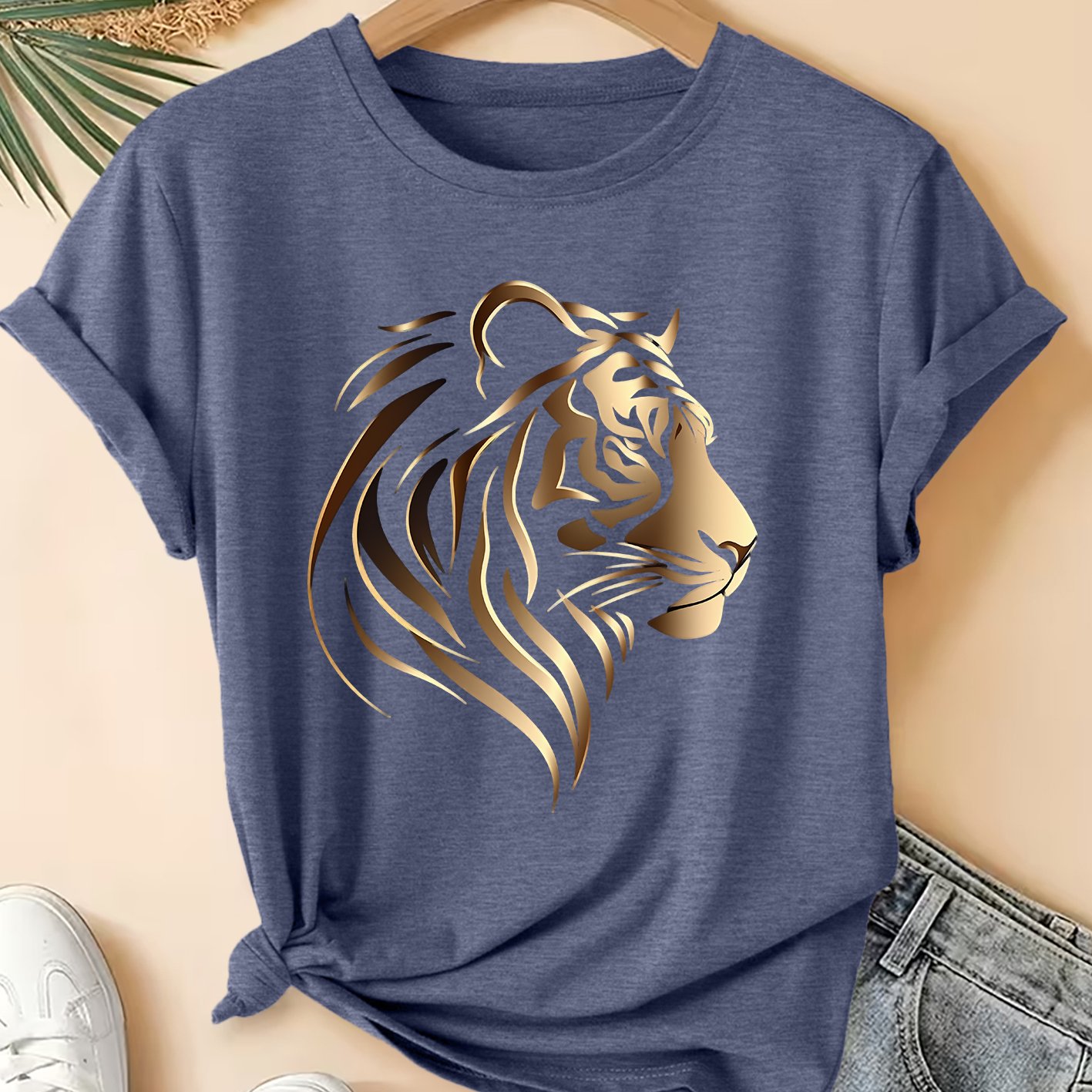 TEMU Women's Summer Clothing Metallic Tiger Print Crew Neck Short Sleeve T-shirt Trendy Fashion Vacation Daily Versatile Plus Size Friendly Women's