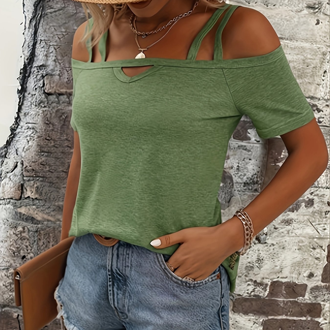 E-shop Damen Off-Shoulder Lockerer Kurzarm T-Shirt Top für Damenmode