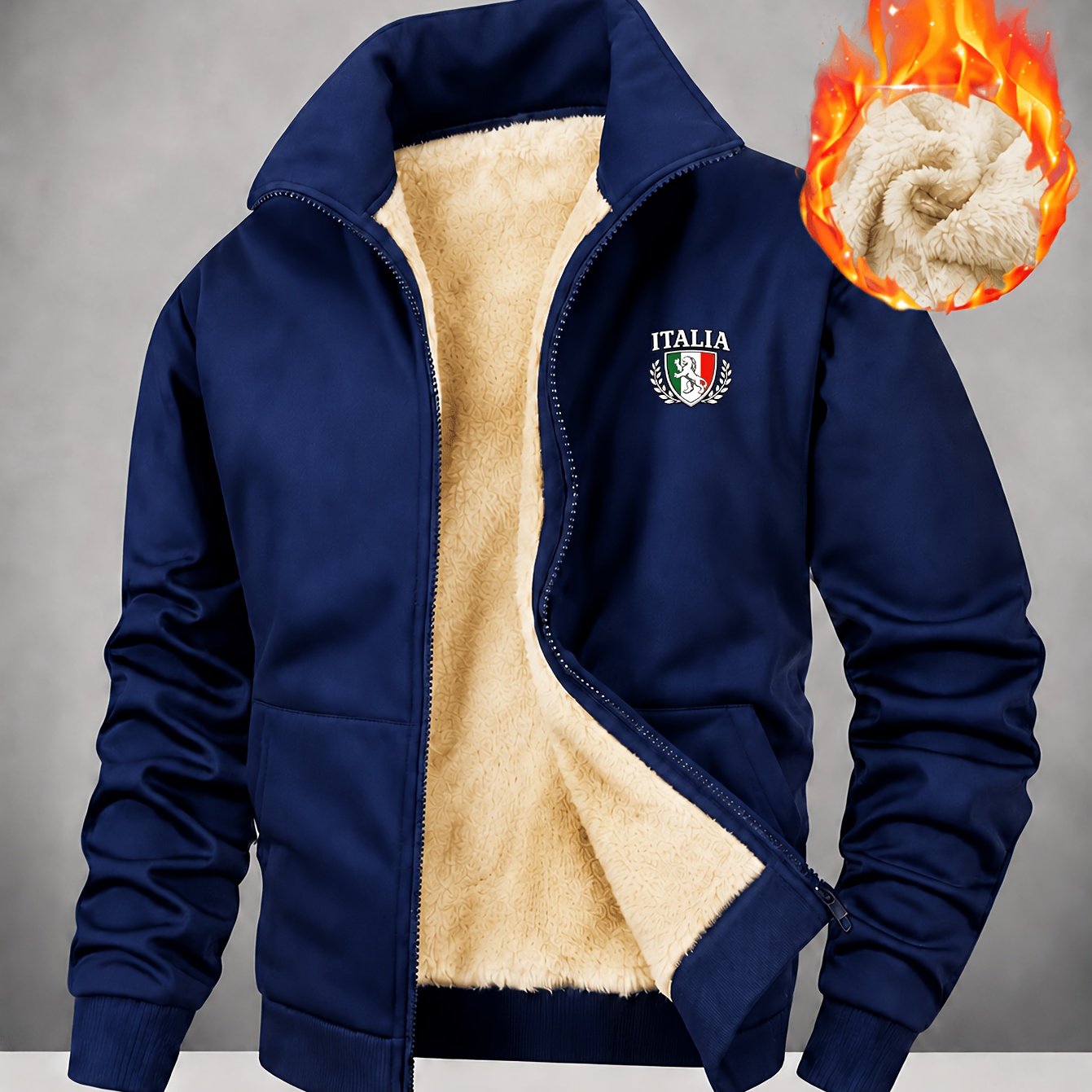 TEMU Men' Lined Full-zip Jacket With Stand Collar & Emblem - Warm Fleece Coat Suitable For Fall & Winter, Zippered Door Panels, Machine Washable
