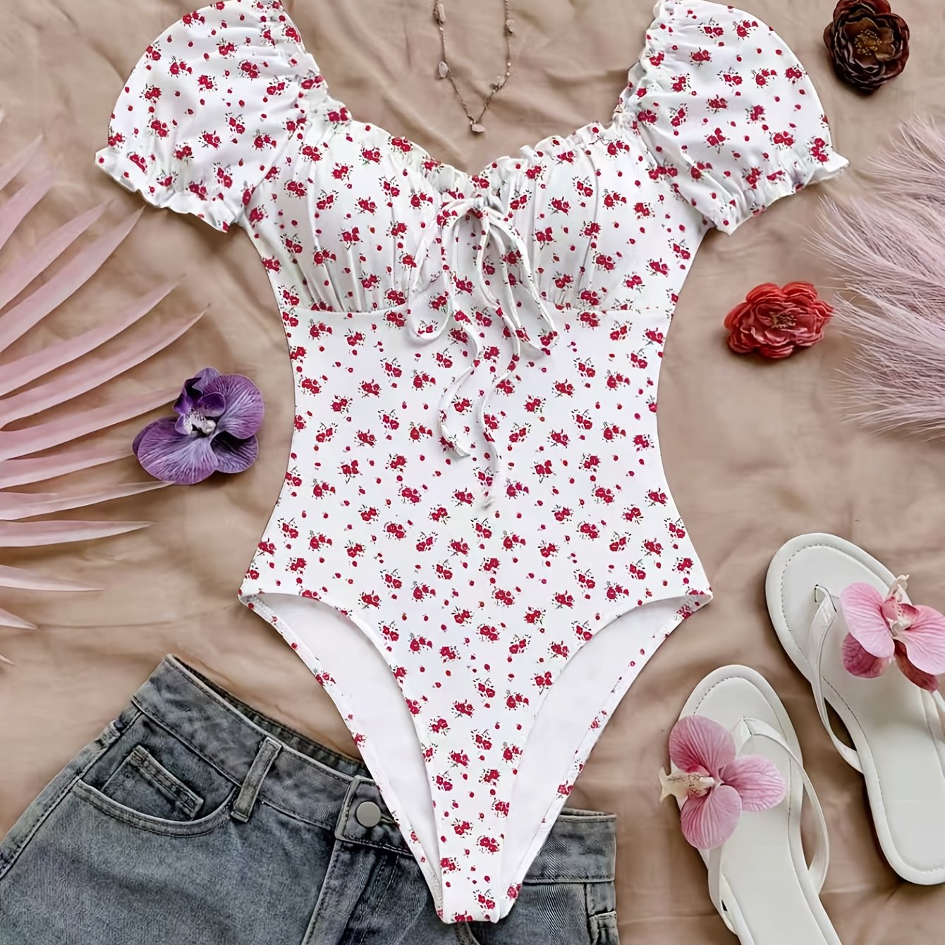 TEMU Women's Floral Print Romper With Ruffle Puff Sleeves