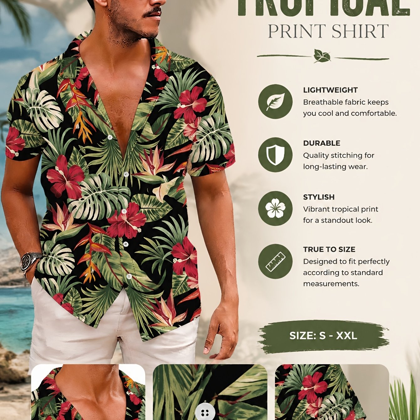 TEMU Men's Vintage Short Sleeve Shirt Summer Casual Plant Floral Print Loose Breathable Beach Aloha Shirt||