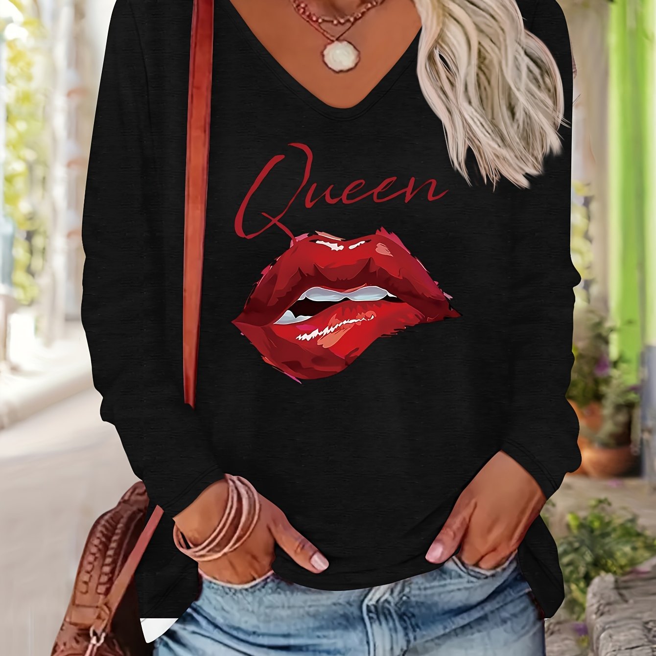 TEMU T-shirt da donna con stampa motivo rosse da regina, stile e americano, /inverno, versatile, , casual, , colorata, con scollo maniche lunghe